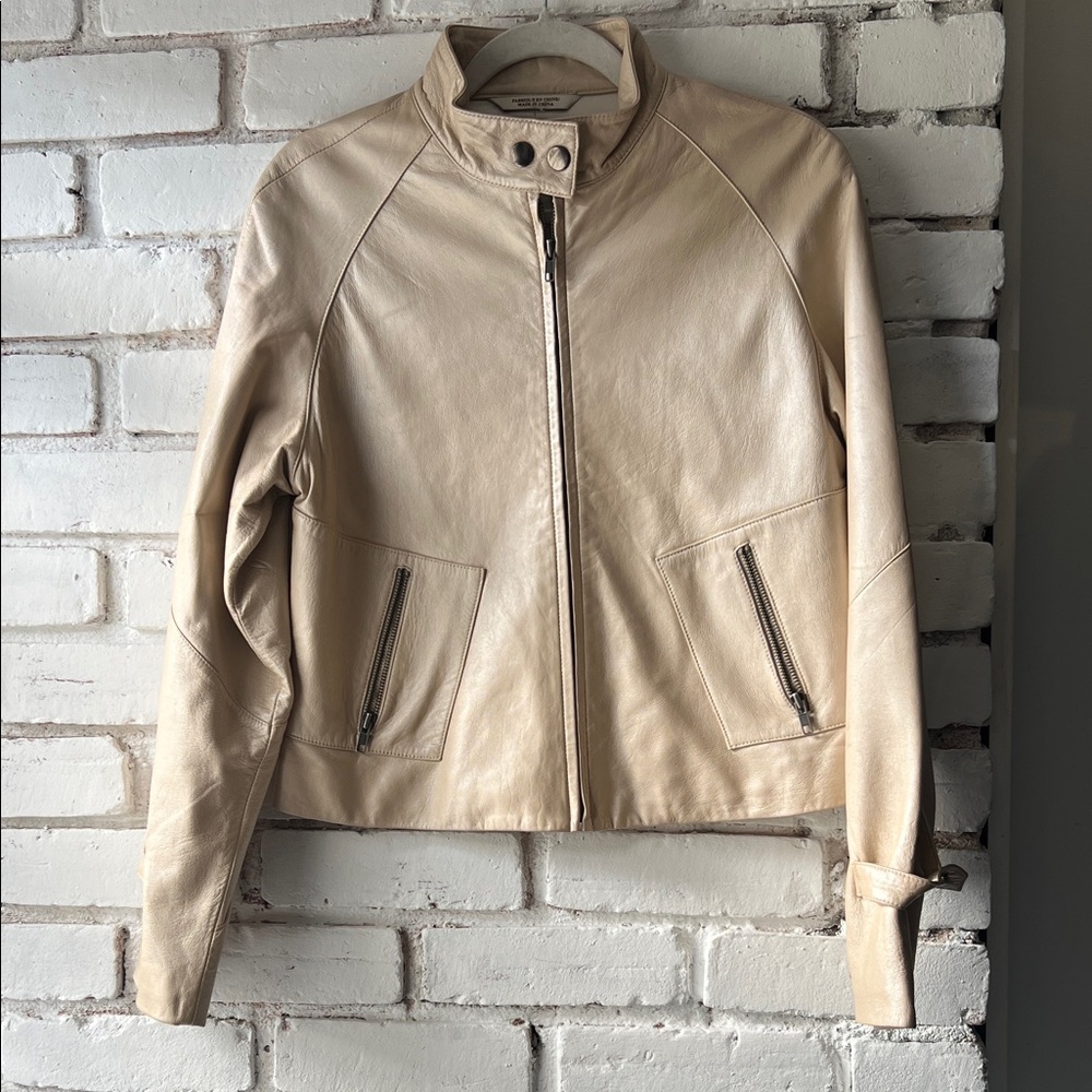 Perry Ellis Cream Leather Moto Jacket